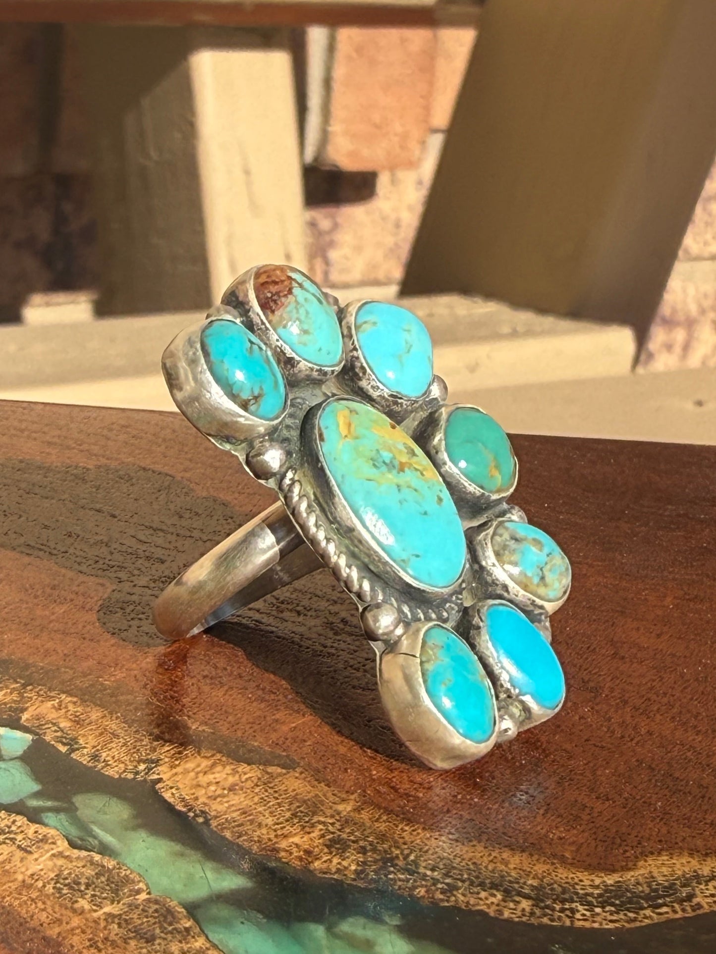 Navajo Handmade Half Cluster Kingman Turquoise Adjustable Ring