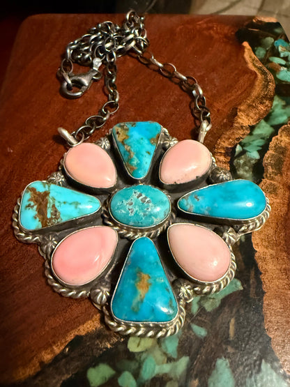 BIG Navajo Handmade Kingman Turquoise and Pink Conch Cluster Pendant Necklace