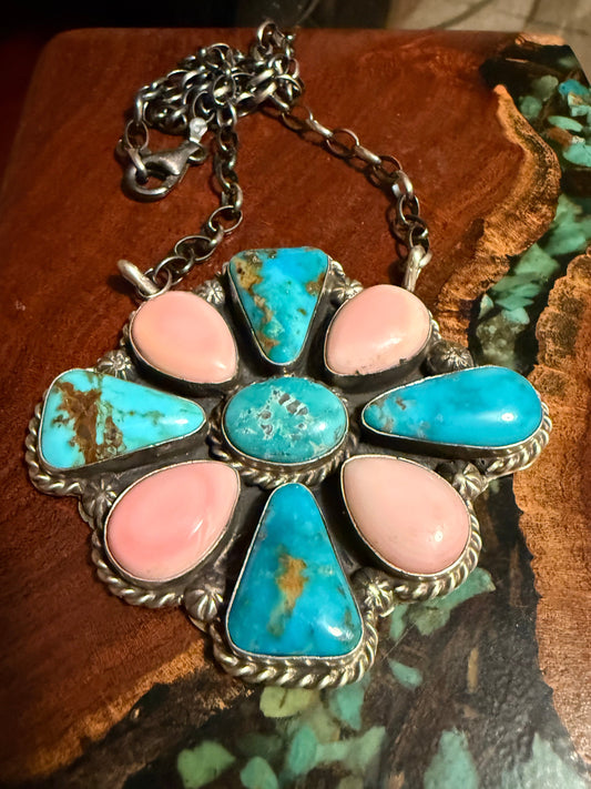 BIG Navajo Handmade Kingman Turquoise and Pink Conch Cluster Pendant Necklace