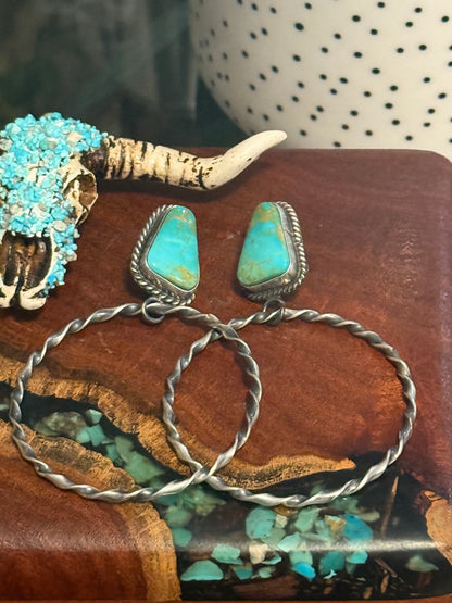 Navajo Handmade Kingman Turquoise Hoops