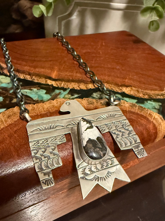 Navajo Handmade White Buffalo Thunderbird Necklace Set in Sterling Silver 18” Chain- Ricardo Enriquez