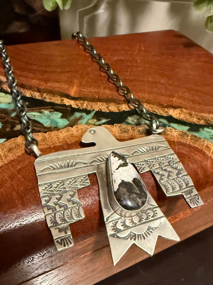 Navajo Handmade White Buffalo Thunderbird Necklace Set in Sterling Silver 18” Chain- Ricardo Enriquez