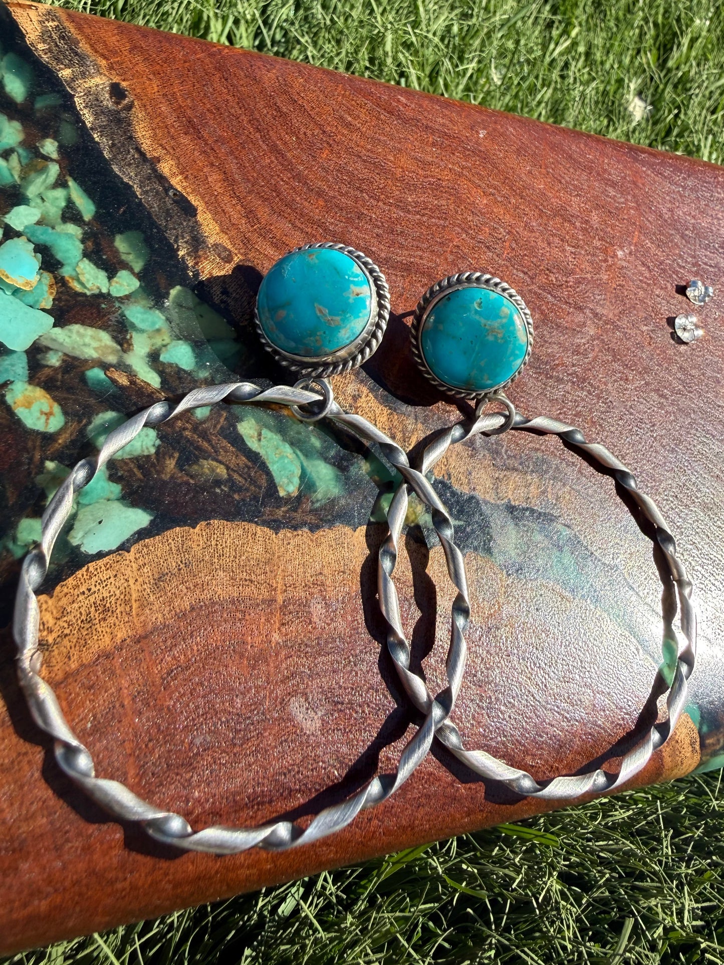 Navajo Handmade Kingman Turquoise Stud Hoops