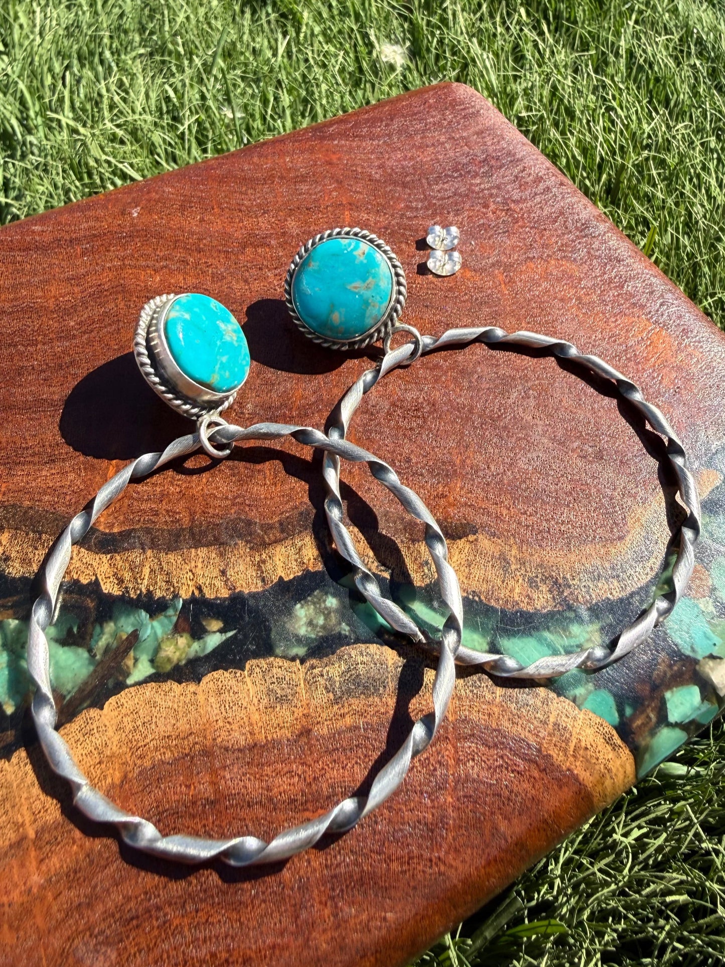 Navajo Handmade Kingman Turquoise Stud Hoops