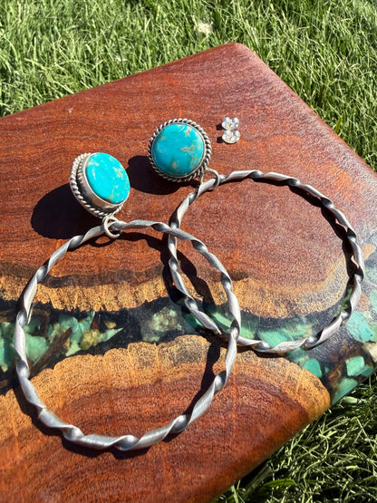 Navajo Handmade Kingman Turquoise Stud Hoops