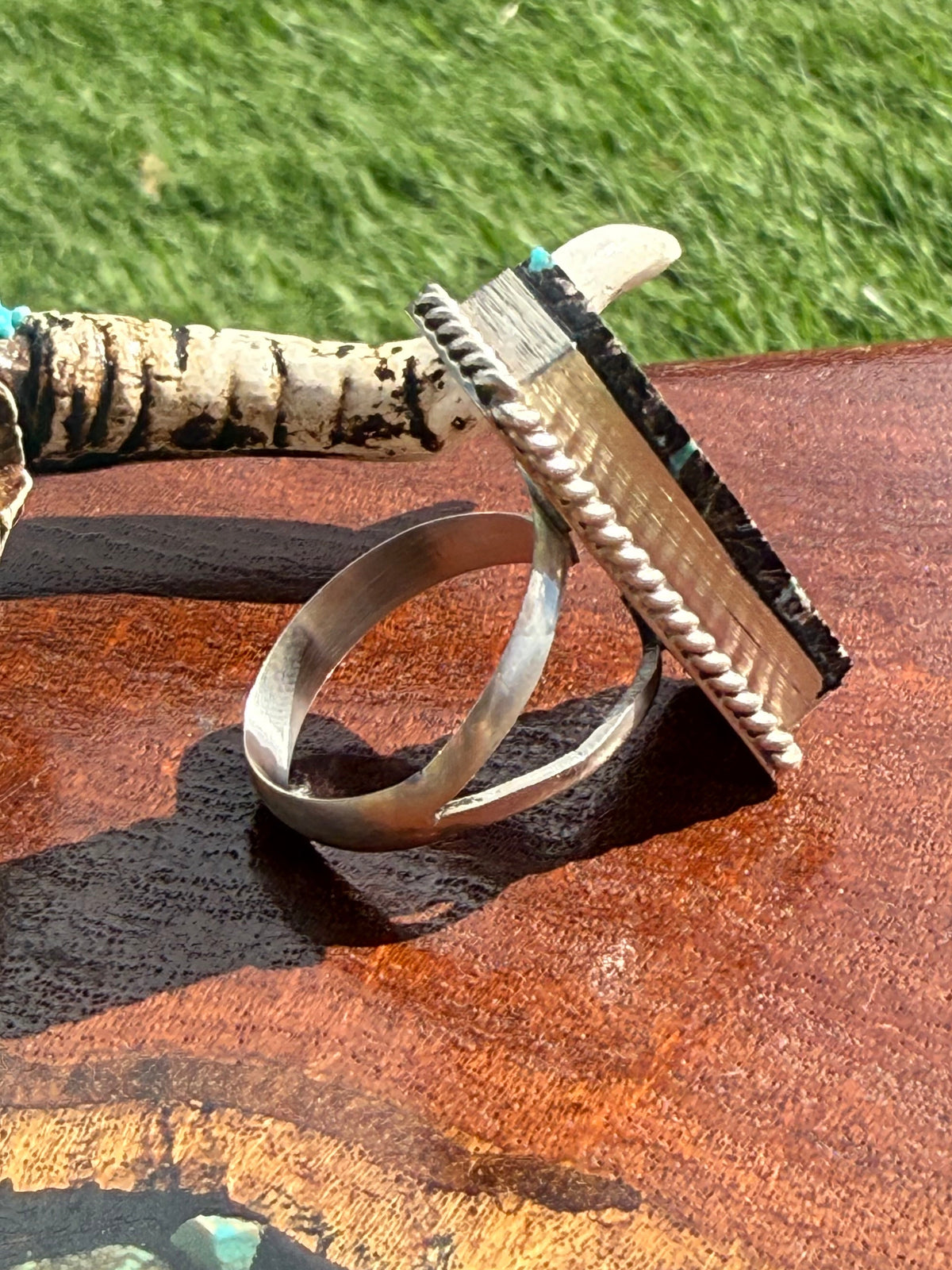 Navajo Hamdmade Blackjack Turquoise Adjustable Large Bar Ring