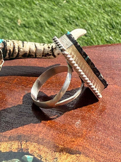 Navajo Hamdmade Blackjack Turquoise Adjustable Large Bar Ring
