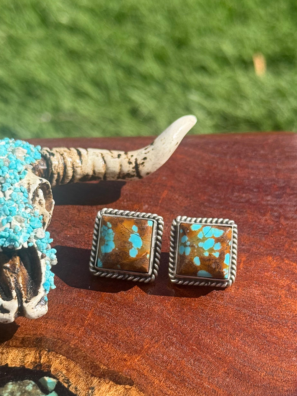 Navajo Handmade No. 8 Turquoise Square Stud Earrings
