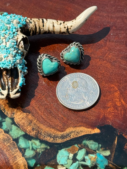 Navajo Handmade Kingman Turquoise Heart Stud Earrings
