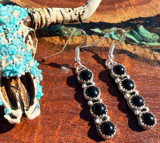 Navajo Handmade Four Stone Onyx Dangle Earrings
