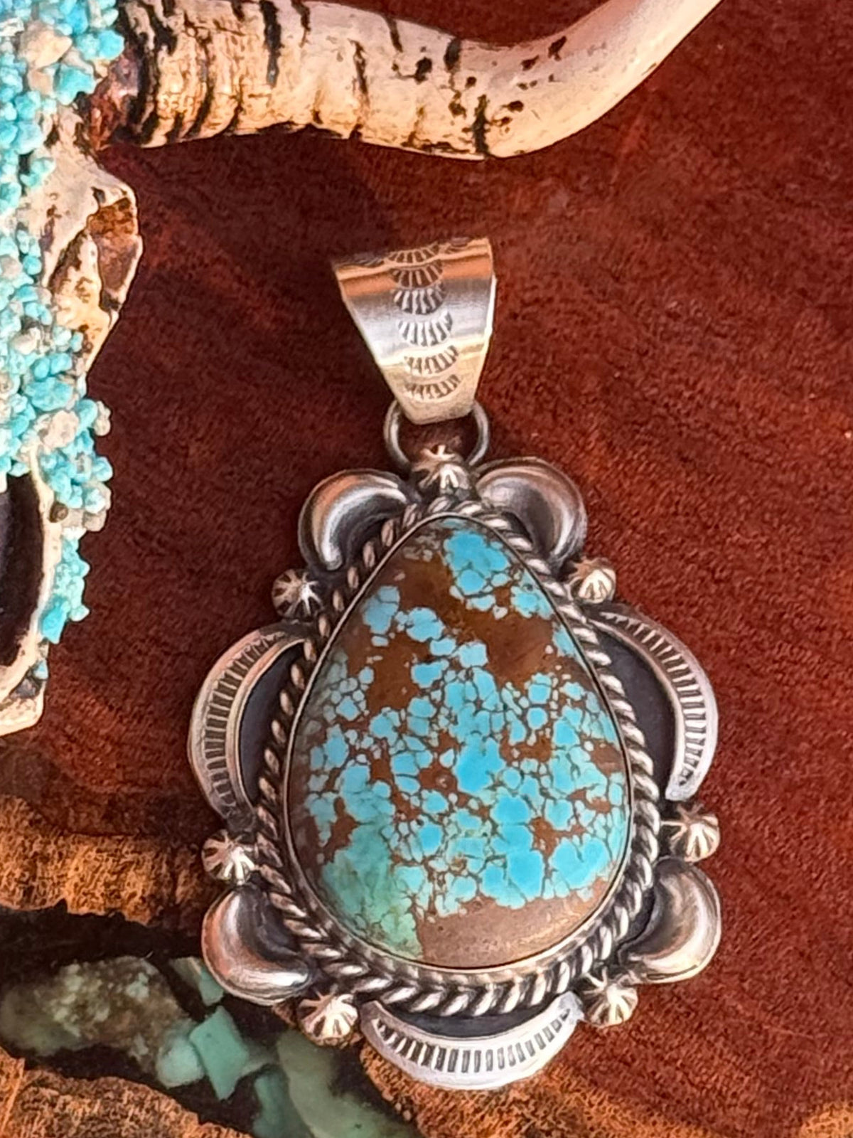 Navajo Handmade #8 Turquoise Pendant Set in Sterling Silver