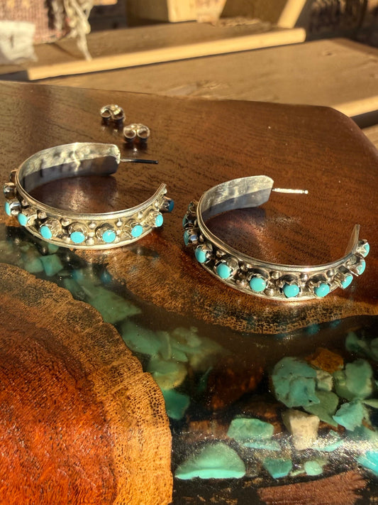 Zuni Handmade Kingman Turquoise Hoops