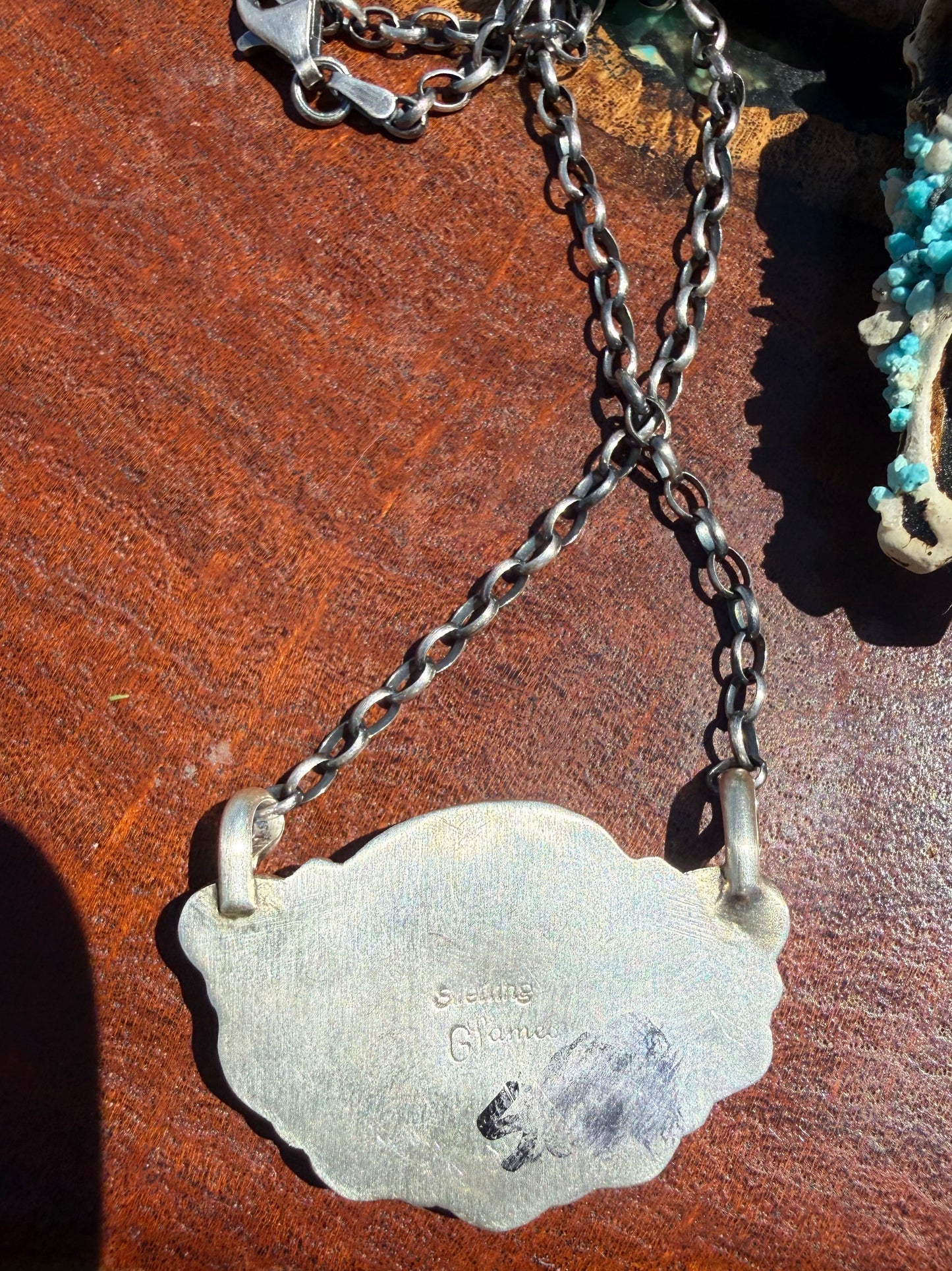 Navajo Handmade Kingman Turquoise Half Cluster Fixed Chain Necklace