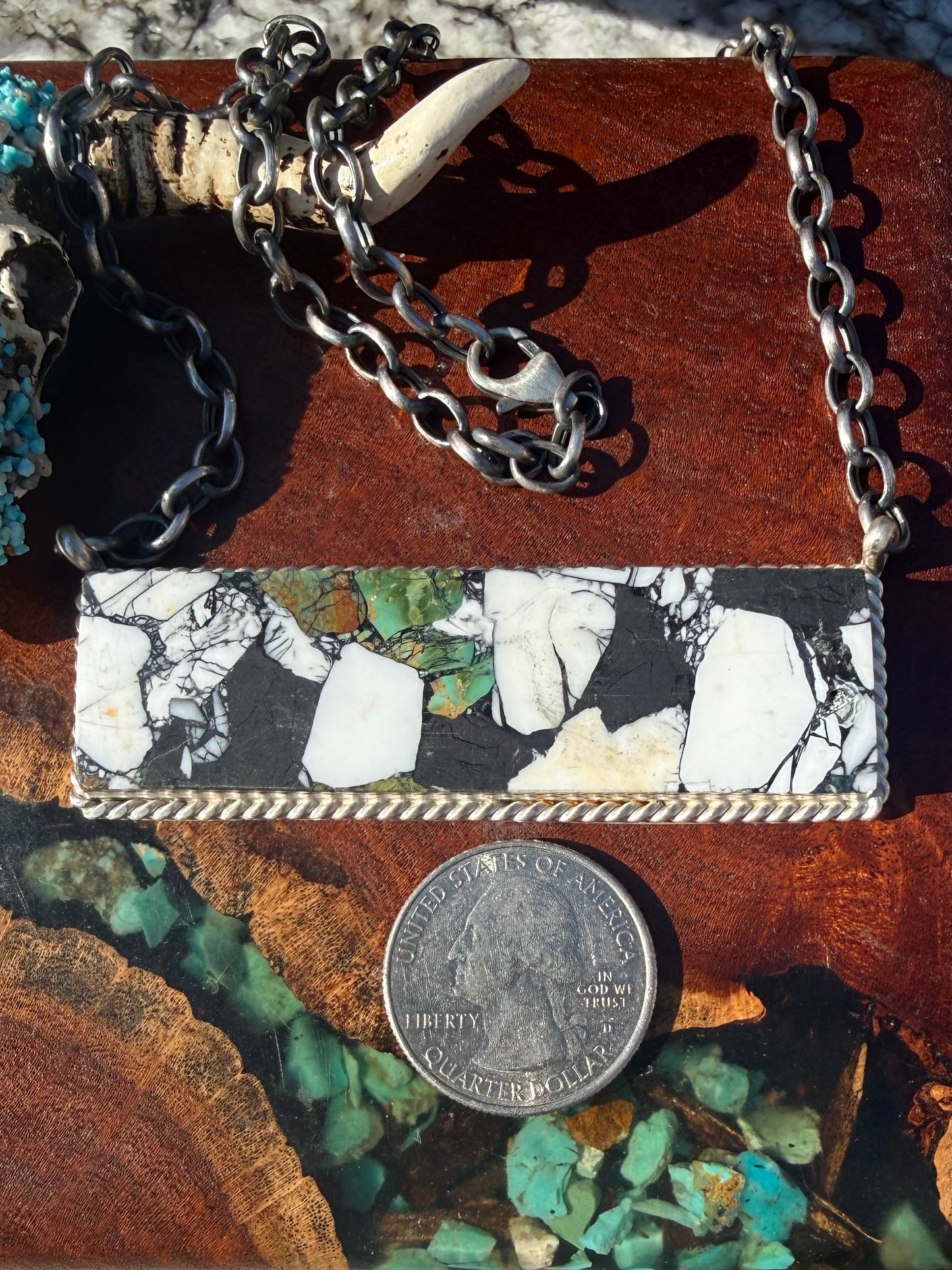 Navajo Handmade Kingman Turquoise White Buffalo Compressed Extra Large Bar Necklace