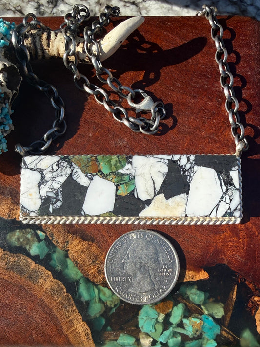 Navajo Handmade Kingman Turquoise White Buffalo Compressed Extra Large Bar Necklace