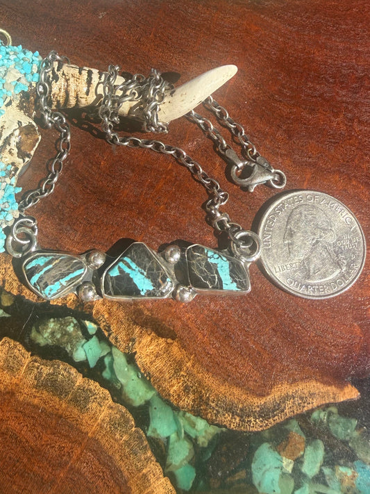 Zuni Handmade Blackjack Turquoise Three Stone Bar Necklace