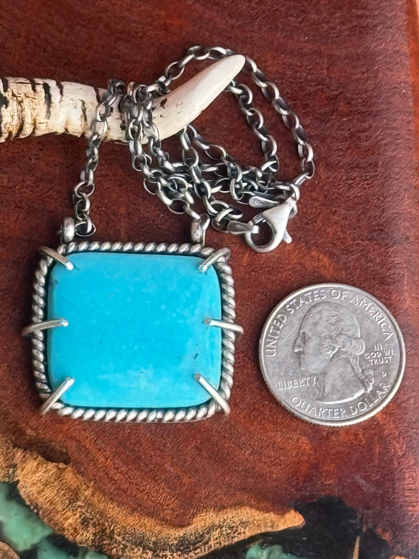 Navajo Handmade Kingman Turquoise Waterproof Square Necklace