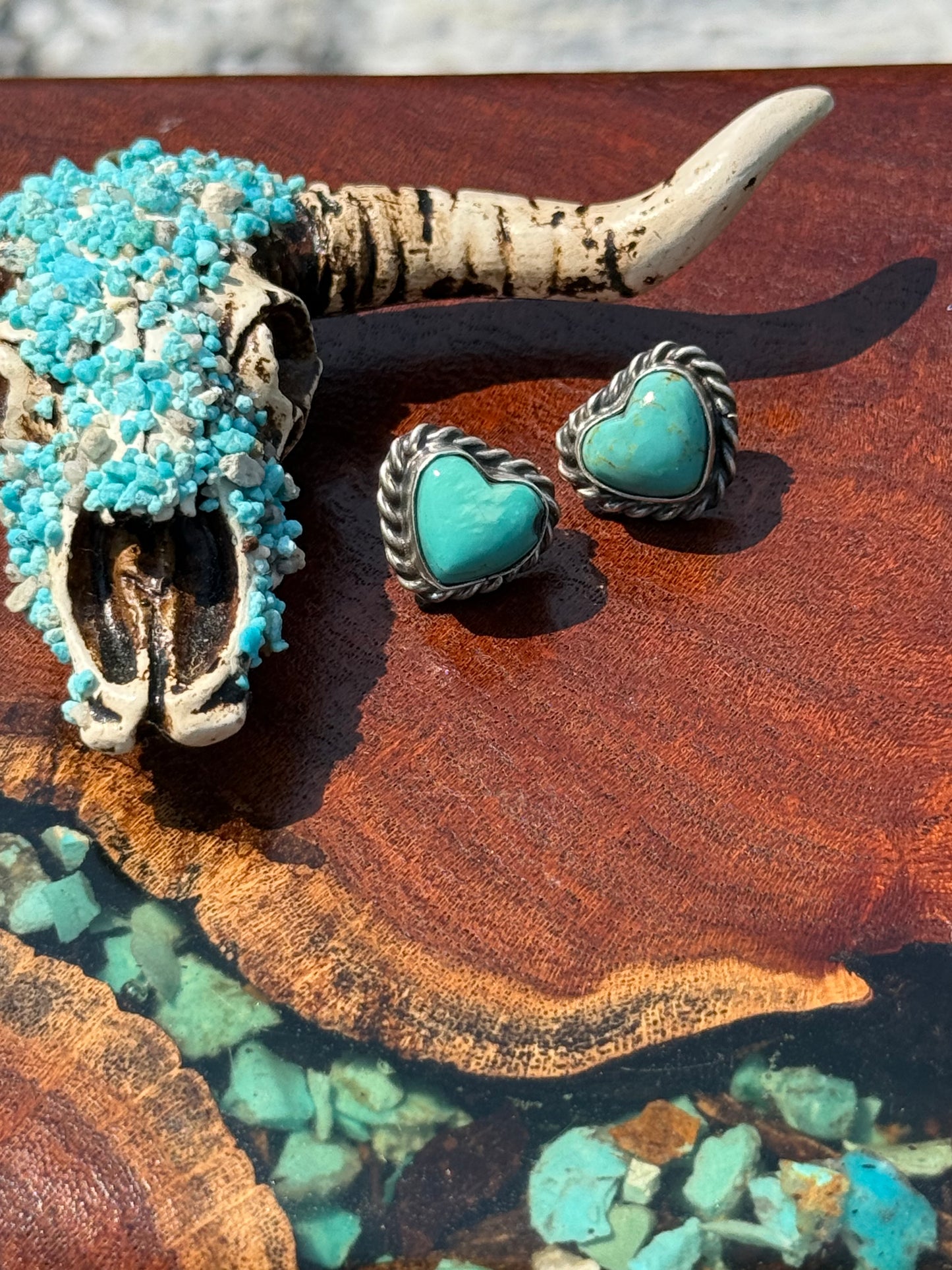 Navajo Handmade Kingman Turquoise Heart Stud Earrings