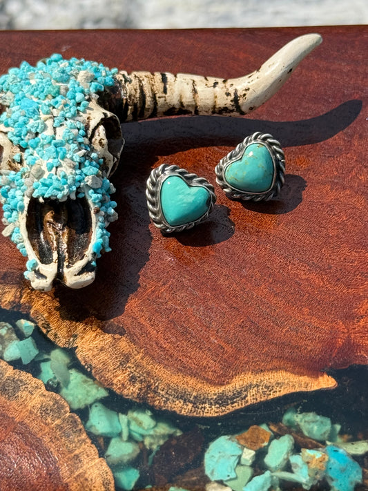 Navajo Handmade Kingman Turquoise Heart Stud Earrings