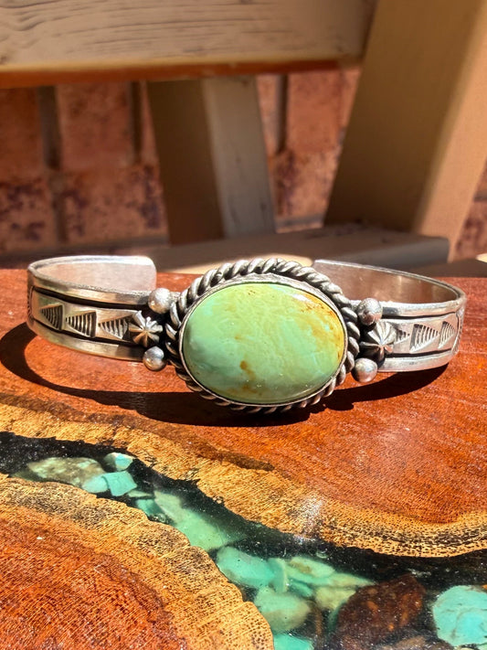 Navajo Handmade Kingman Turquoise Bracelet Set in Sterling Silver