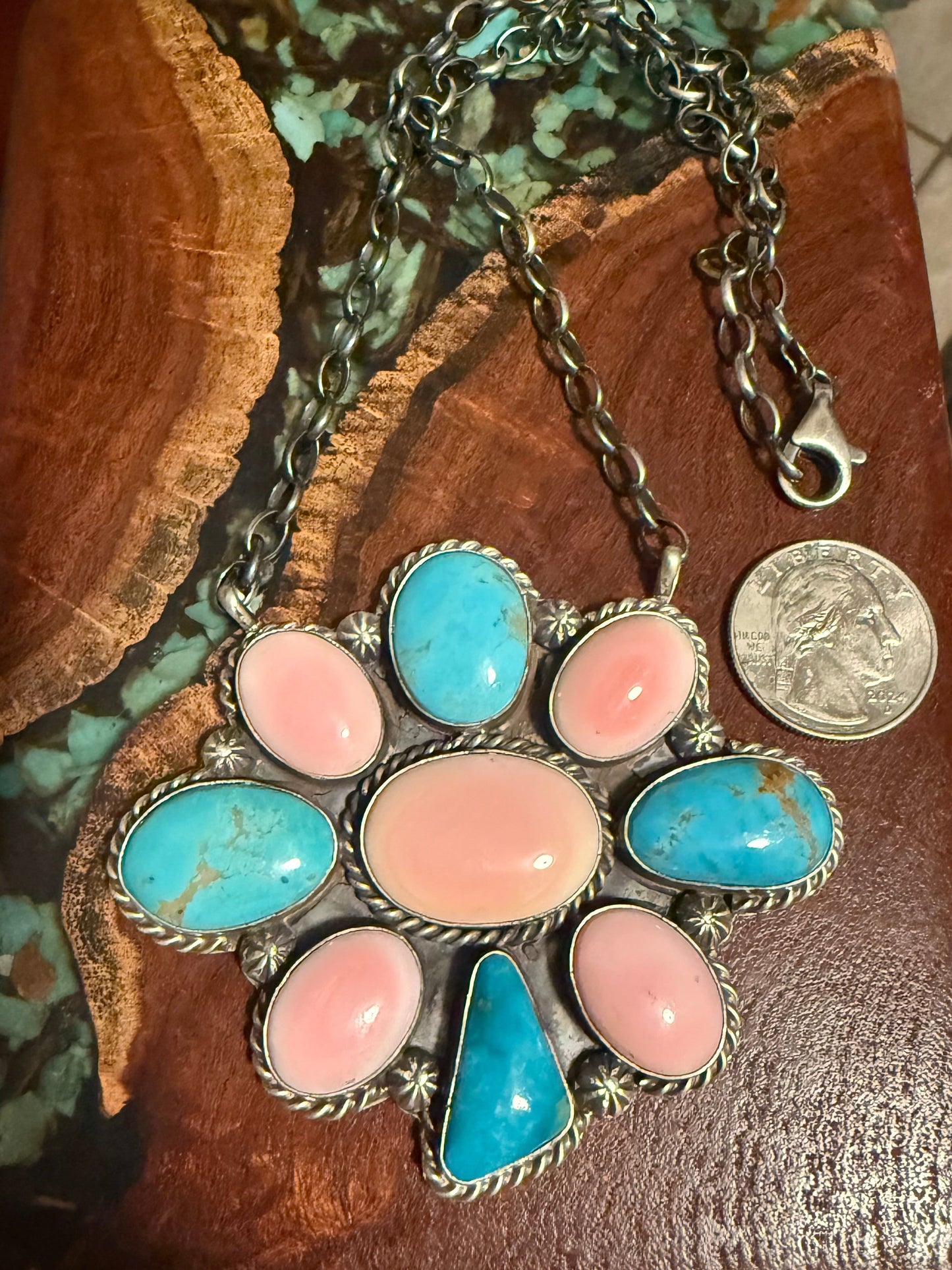 Navajo Handmade Pink Conch and Kingman Turquoise Cluster Pendant Necklace on 18” Chain