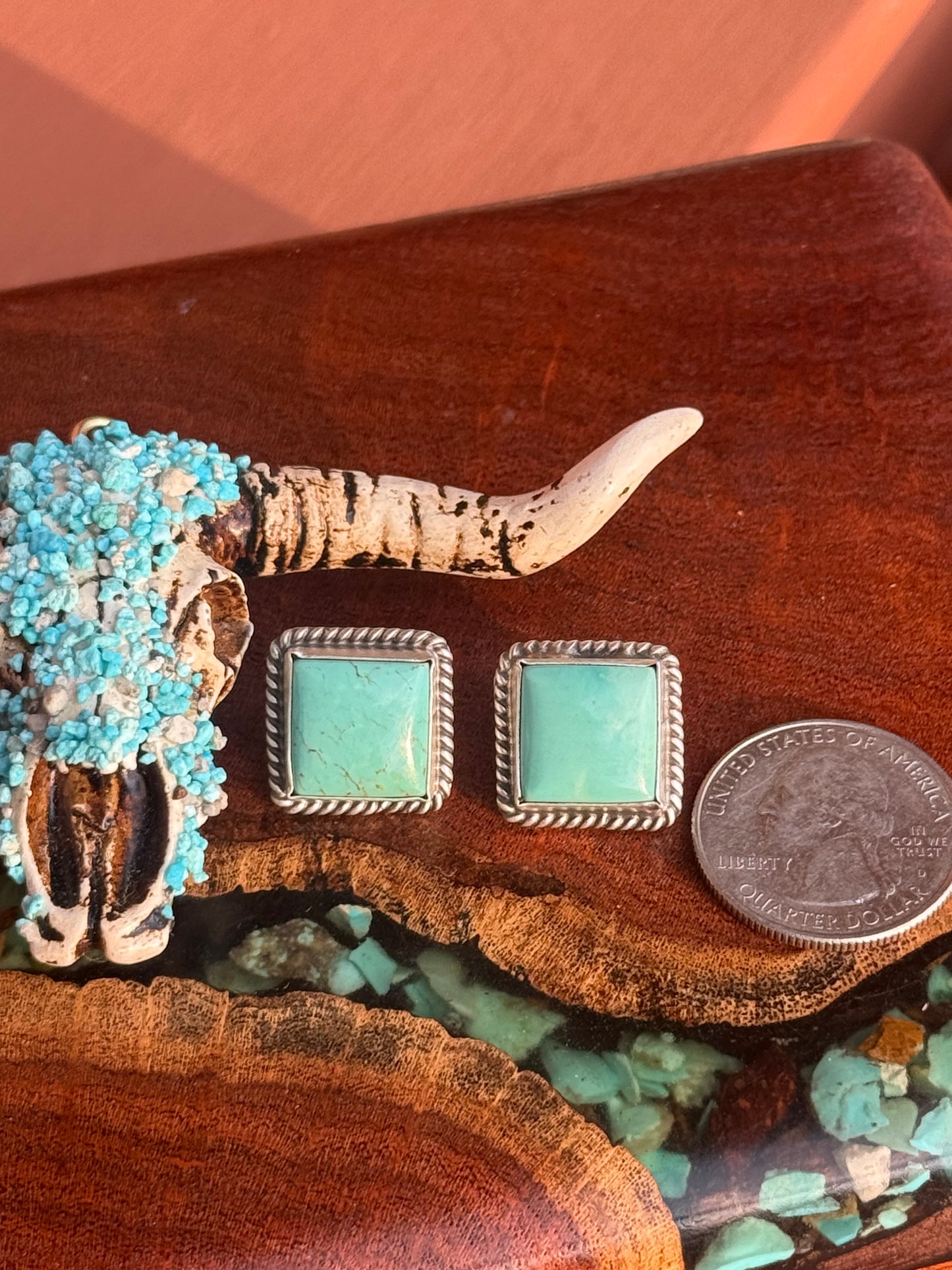 Navajo Handmade Kingman Turquoise Stud Square Earrings