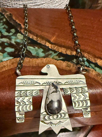 Navajo Handmade White Buffalo Thunderbird Necklace Set in Sterling Silver 18” Chain- Ricardo Enriquez