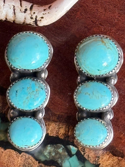 Navajo Handmade Kingman Turquoise Three Stone Stud