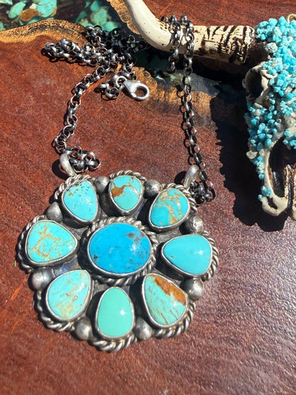 Navajo Handmade Kingman Turquoise Cluster On fixed 16” Chain