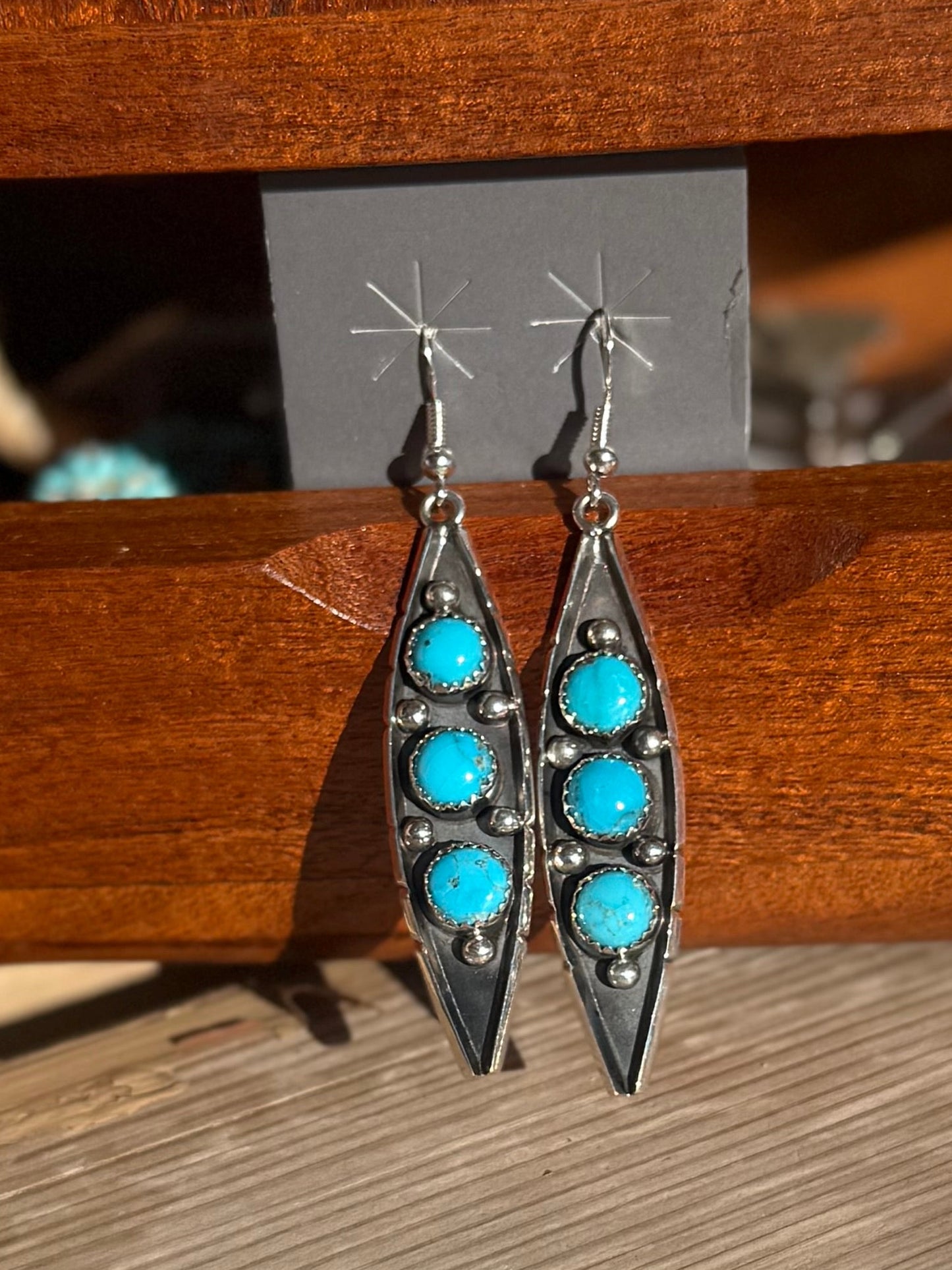 Navajo Handmade Kingman Turquoise Earrings Set In Sterling Silver