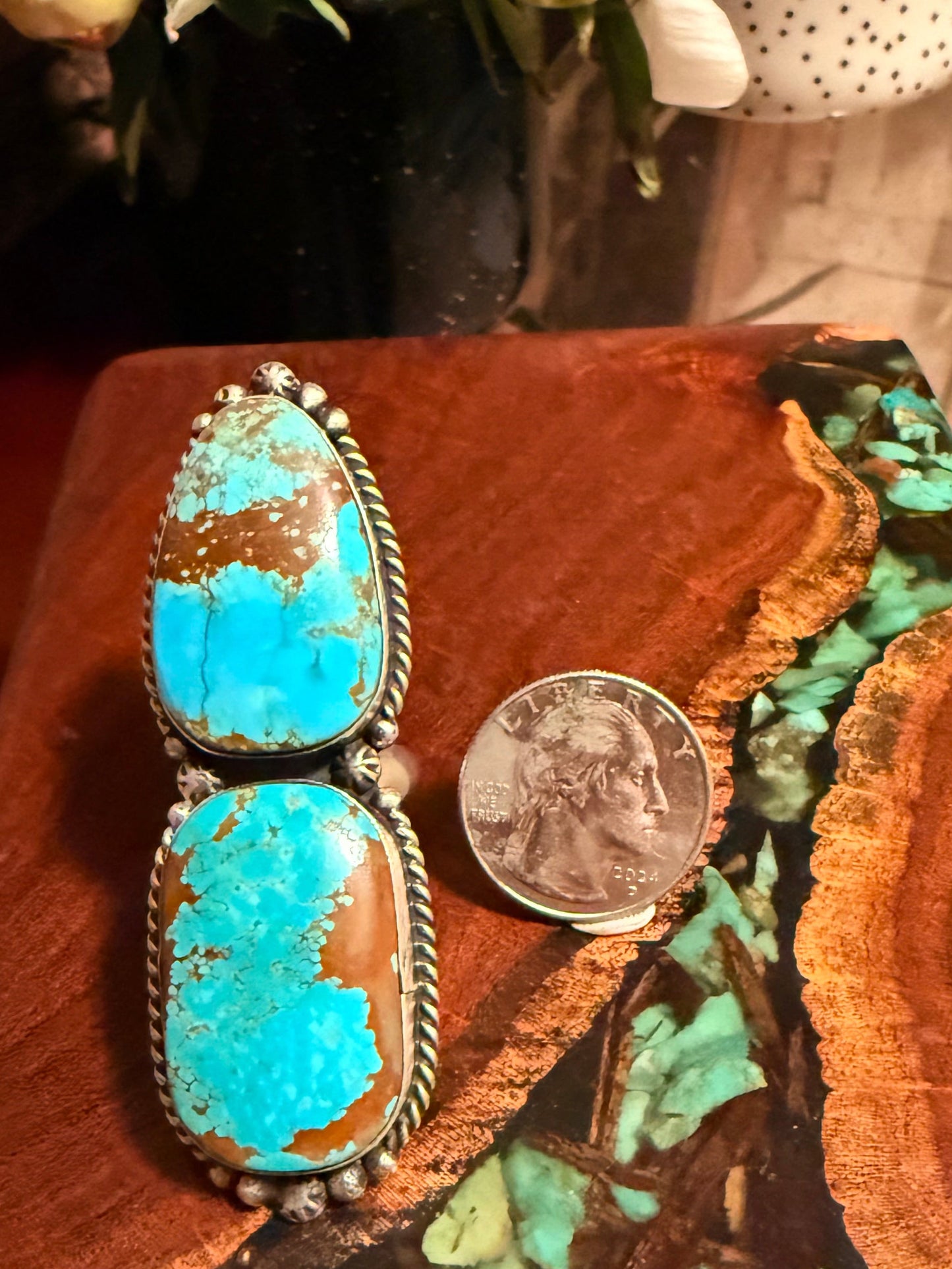 Navajo Handmade Two Stone Mine 8 Adjustable Ring Set In Sterling Silver