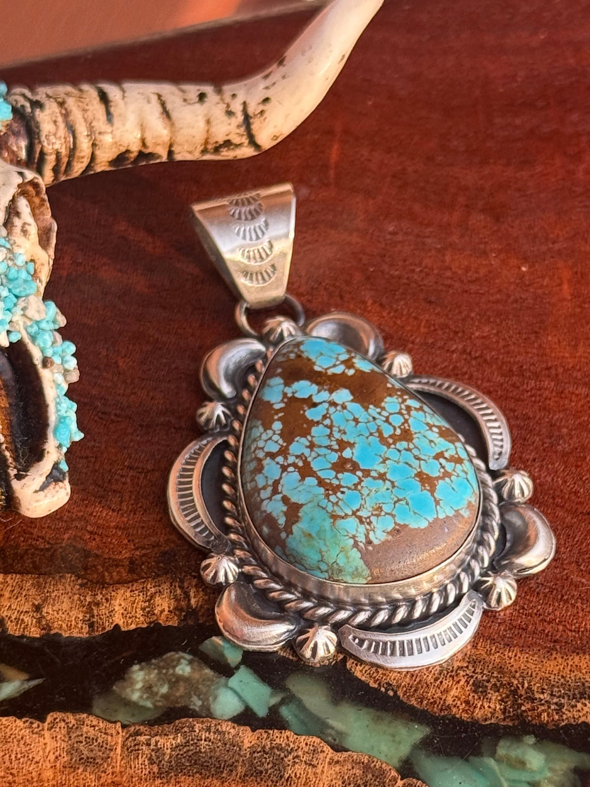 Navajo Handmade #8 Turquoise Pendant Set in Sterling Silver