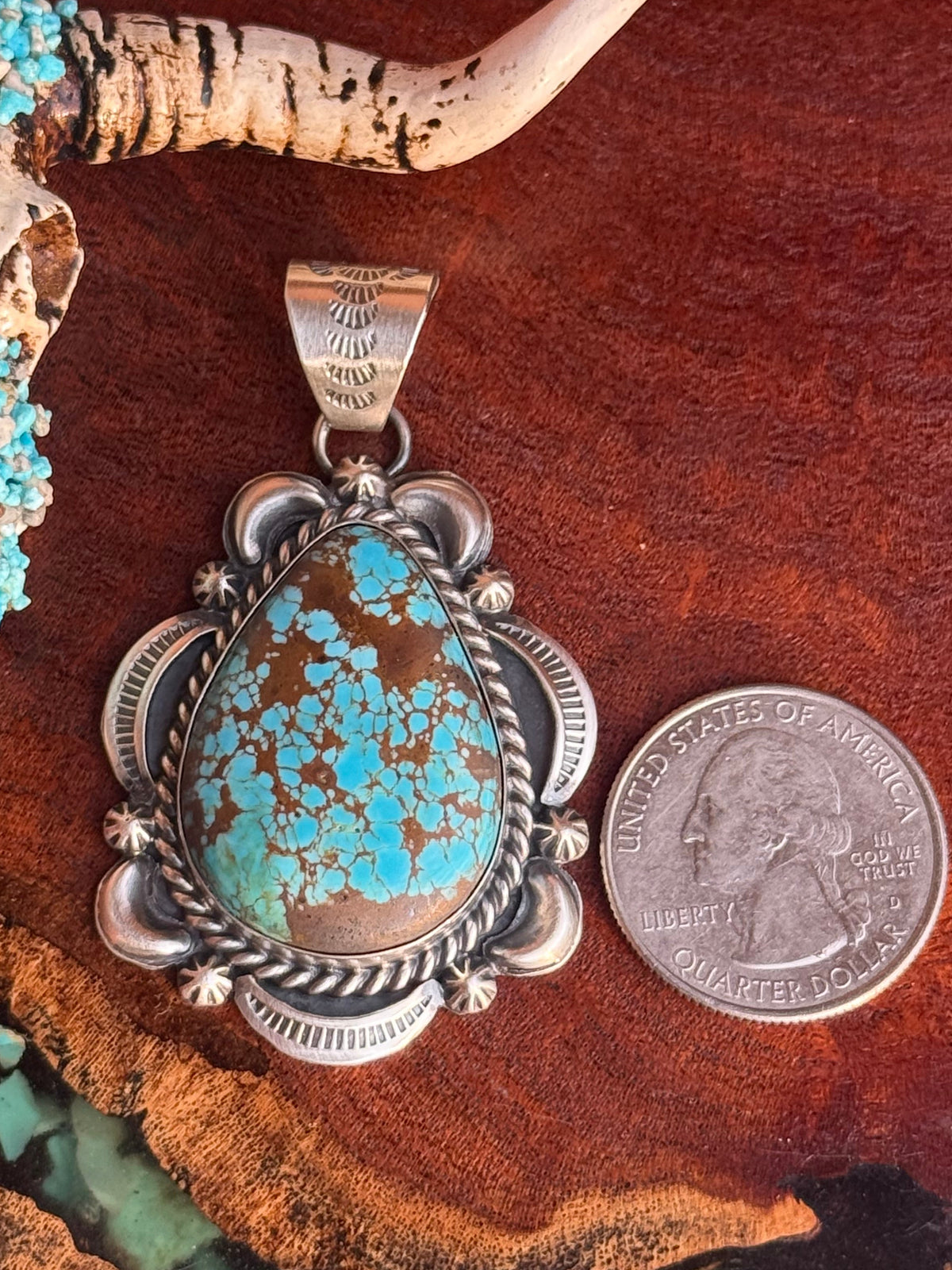 Navajo Handmade #8 Turquoise Pendant Set in Sterling Silver