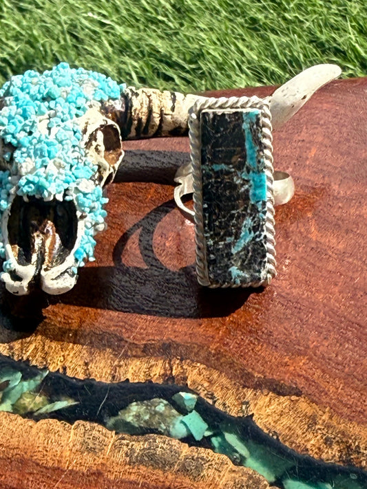 Navajo Hamdmade Blackjack Turquoise Adjustable Large Bar Ring