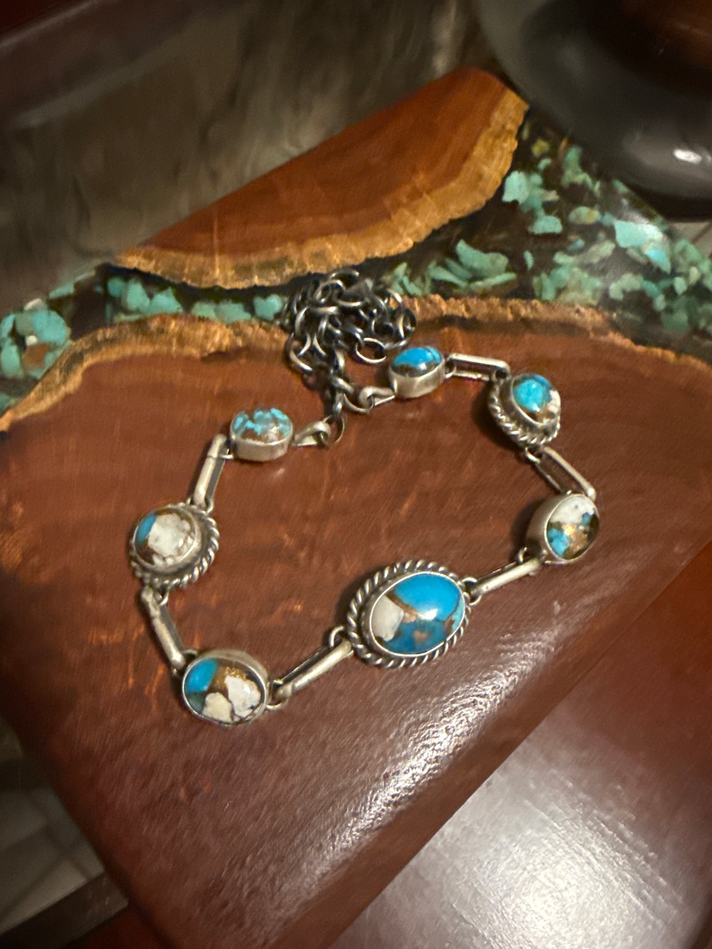 Navajo Handmade Kingman Krush 16” Choker Necklace Set in Sterling Silver-made by Augustine Largo