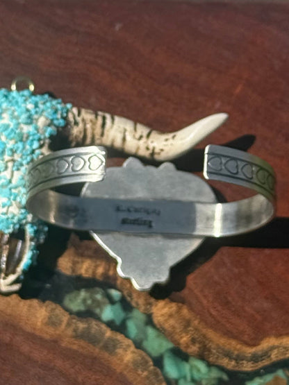 Navajo Handmade Kingman Turquoise Heart Cuff Bracelet