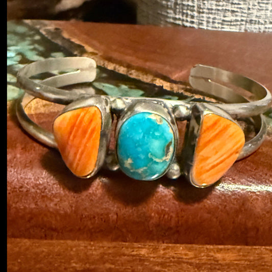 Augustine Largo Navajo Handmade 3 Stone Cuff Set in Sterling Silver
