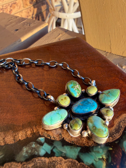 Navajo Handmade Sonoran Turquoise Cluster Pendant Necklace