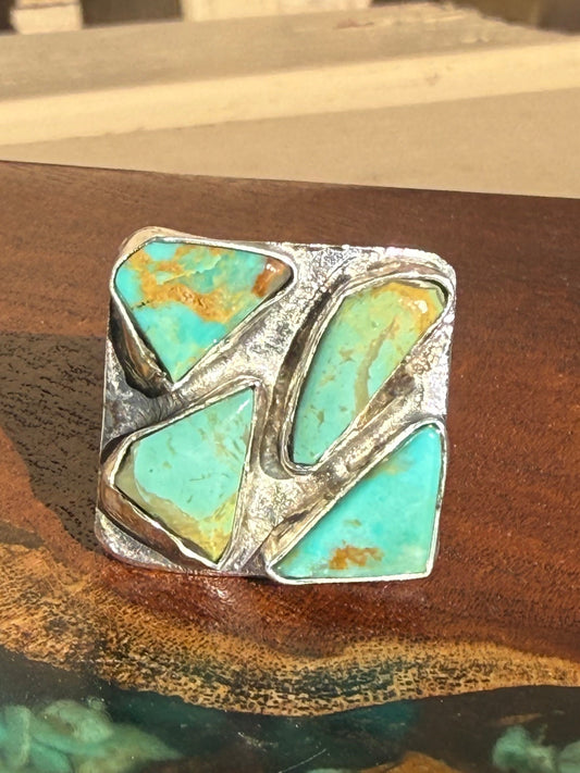 Zuni Handmade Kingman Turquoise Cluster Ring - Adjustable