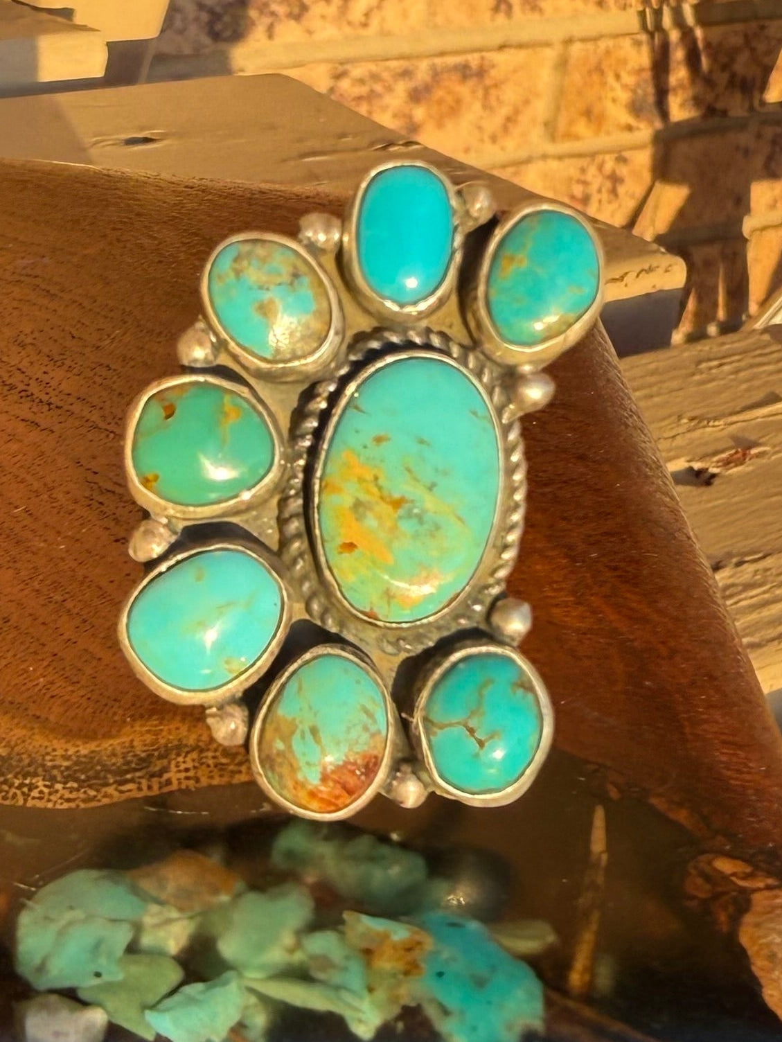 Navajo Handmade Half Cluster Kingman Turquoise Adjustable Ring