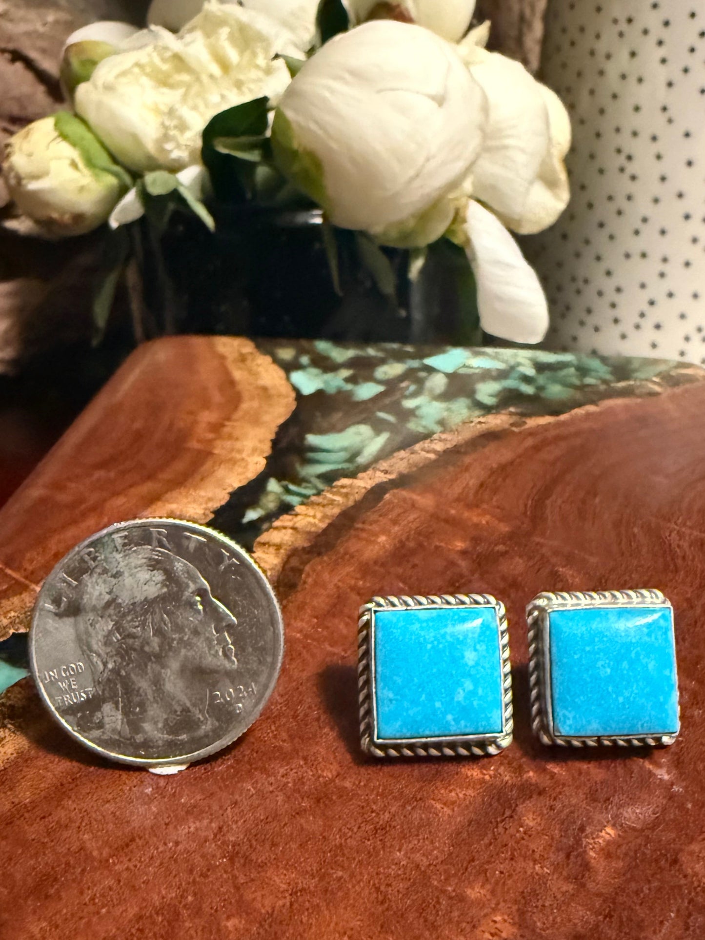 Navajo Handmade Kingman Turquoise Stud Square Earrings