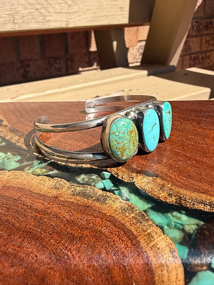 Navajo Handmade Kingman Turquoise Bracelet Set in Sterling Silver