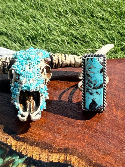 Navajo Hamdmade Blackjack Turquoise Adjustable Large Bar Ring