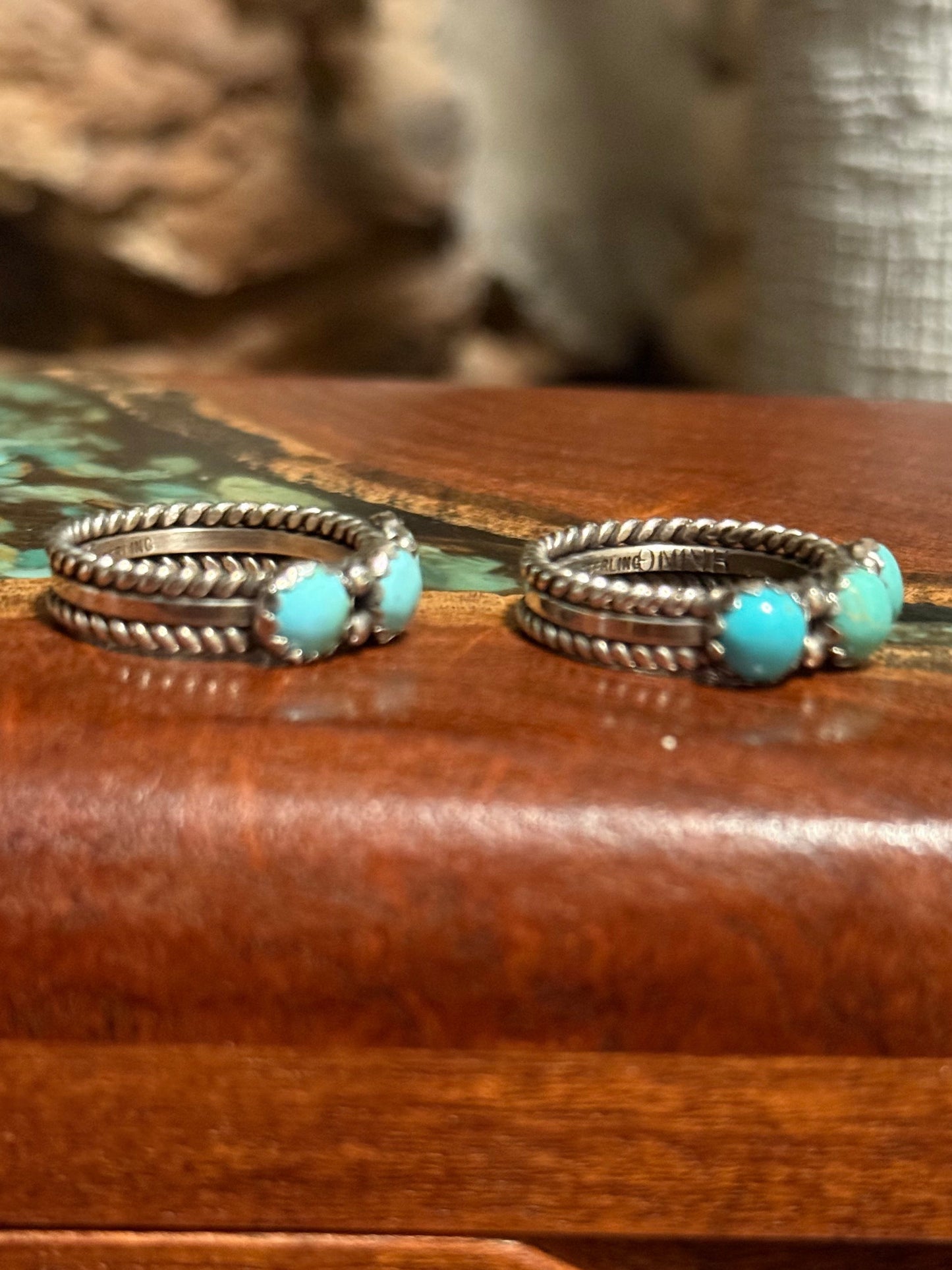 Navajo Handmade 3 Stone Kingman Turquoise Ring -Made by Ray King