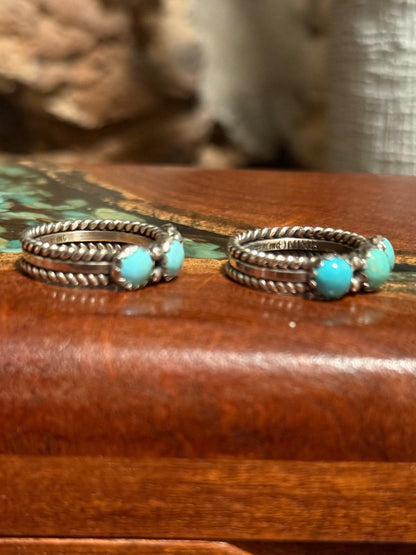 Navajo Handmade 3 Stone Kingman Turquoise Ring -Made by Ray King