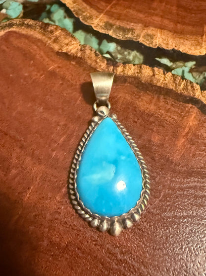Navajo Handmade Kingman Turquoise Pendant Set in Sterling Silver