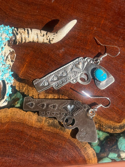 Navajo Handmade Kingman Turquoise Gun Dangle Earrings