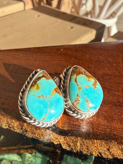 Navajo Handmade Kingman Turquoise Studs Set in Sterling Silver