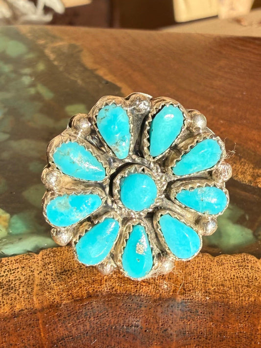 Zuni Handmade Kingman Turquoise Cluster ADJUSTABLE Ring- Alicia Wilson