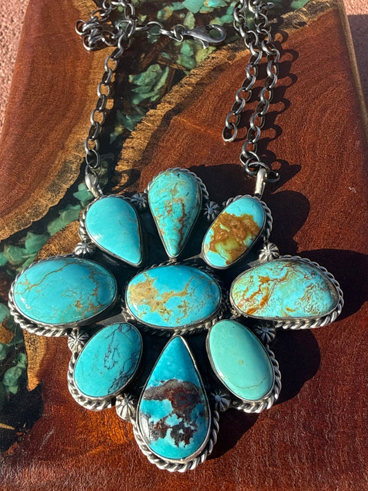 Extra Large Navajo Handmade Kingman Turquoise Cluster Pendant Necklace
